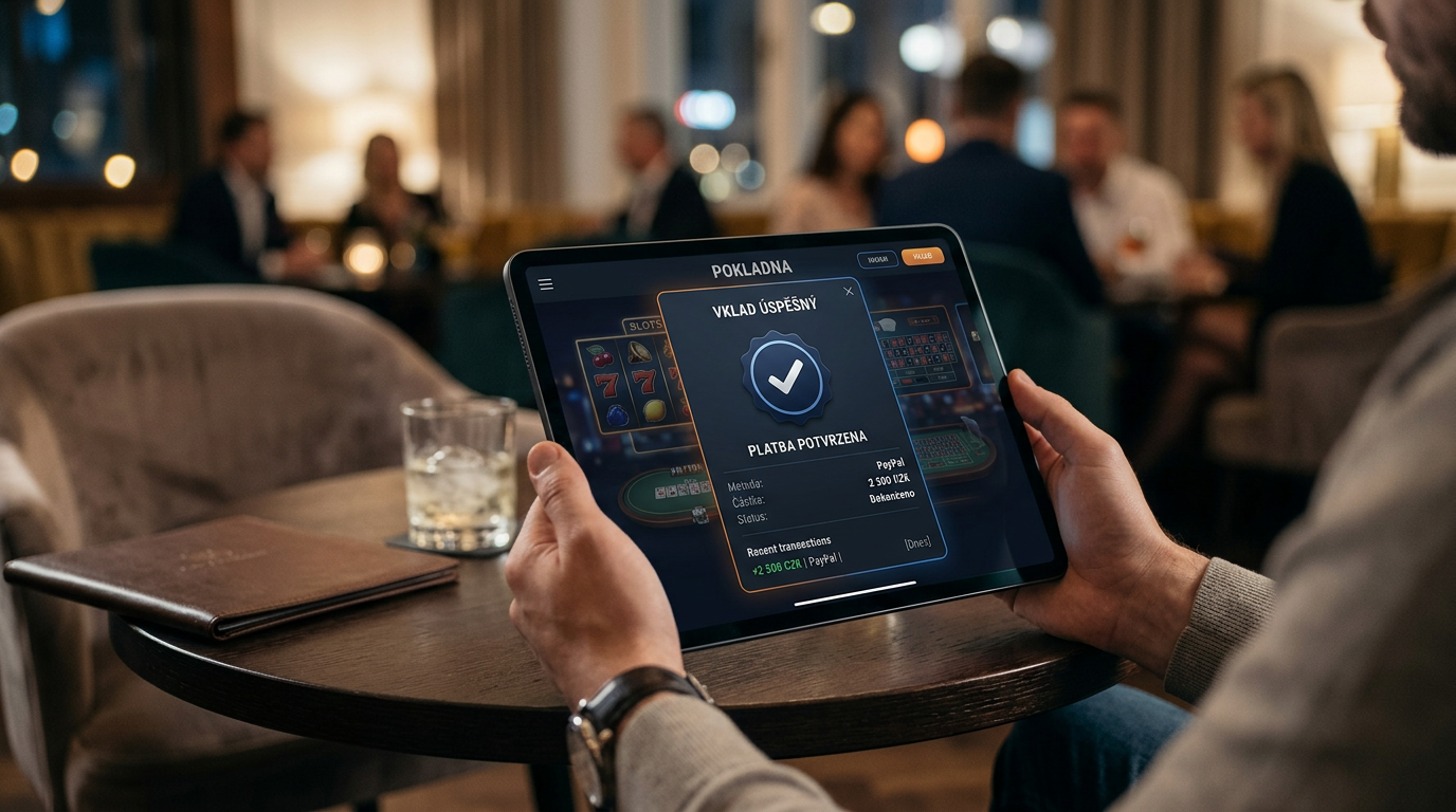 Detail tabletu s úspěšnou platbou PayPal v rozhraní online casina